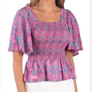 Simply Southern Seahorse Size L Shirred Blouse Peplum Top NWT